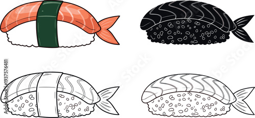 Salmon sushi nigiri illustration set with rice and fish topping isolated vector Japanese food design including colored silhouette and outline styles