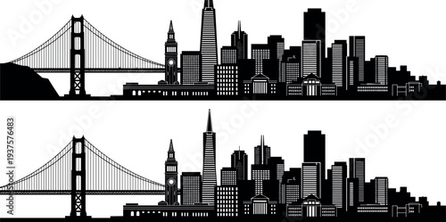 San Francisco skyline silhouette with Golden Gate Bridge and downtown skyscrapers isolated vector illustration of famous California cityscape architecture and urban landmark panorama