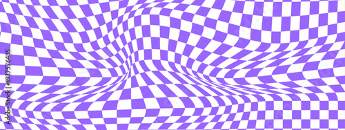 Checkered optical illusion. Distorted chessboard with purple and white squares. Psychedelic pattern. Warped checkerboard texture. Trippy background. Vector ilustration