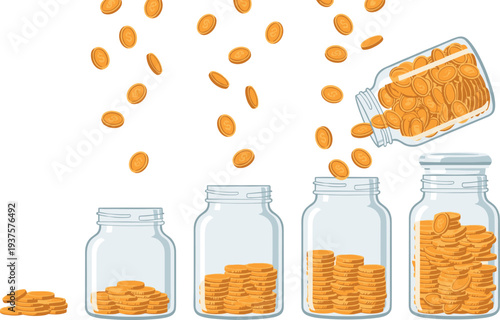 Saving money concept with coins filling glass jars illustration showing financial growth budgeting investment and wealth accumulation isolated vector finance design