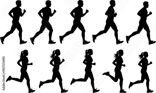 Running people silhouettes set with male and female joggers isolated vector illustration of athletes jogging fitness training exercise and marathon runners