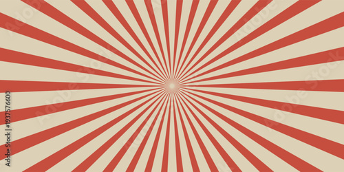 Circus vintage tent background. Retro sun rays pattern. Vintage starburst poster. Star burst radial lines texture. Red stripes. Circus, carnival, summer fair backdrop. Vector illustration.