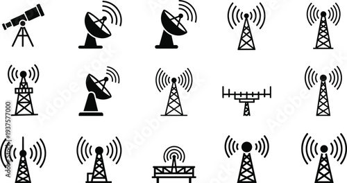 Set of black communication icons including satellite dish antenna radio towers telescope and radar symbols isolated on white background for telecommunication technology design