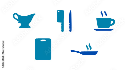 Cooking icons featuring cutting board, knife, gravy boat, frying pan, and coffee cup.