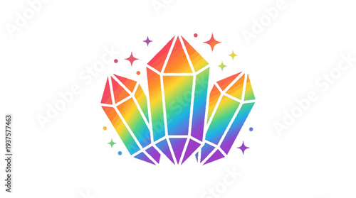 Vibrant rainbow healing crystals with sparkling stars, representing spiritual energy, wellness, and positive vibes in a flat, stylized icon.