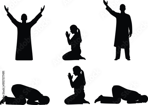 Set of black silhouettes of people praying and worshiping in different positions including kneeling and prostration isolated on white background for religious design