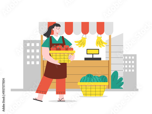 A greengrocer standing in front of a market stall. Asian street food illustrations. Flat vector concept.