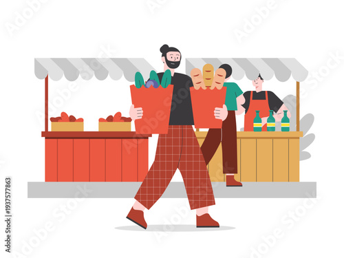 A man shopping for fresh vegetables at an outdoor market stall. Asian street food illustrations. Flat vector concept.