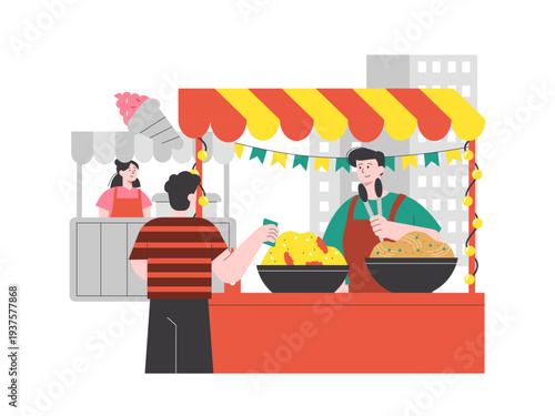 A lively local street food market scene includes vendors preparing meals and customers purchasing food at colorful stalls. Asian street food illustrations. Flat vector concept.