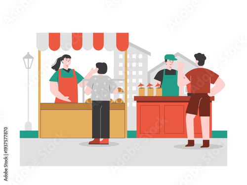 A local market scene with sellers at food stalls interacting with customers. Asian street food illustrations. Flat vector concept.