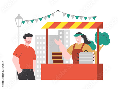 A street stall scene where a vendor is interacting with a customer. Asian street food illustrations. Flat vector concept.