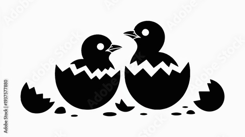 Two black silhouettes of chicks hatching from broken eggs on white background symbolizing new life and freedom