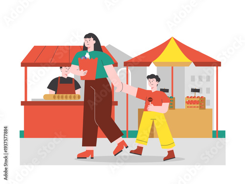A woman and a child visiting outdoor market stalls or a food fair. Asian street food illustrations. Flat vector concept.