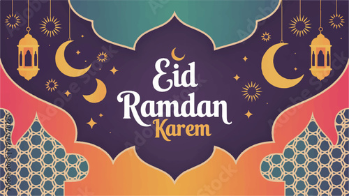 Eid ramadan kareem greeting card with ornate purple and orange background golden lanterns and crescent moons for islamic celebration
