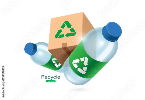 Cardboard boxes and clear plastic bottle with a recycling label or logo green, rotating arrow are used in design campaigns to promote waste separation for reuse, vector 3d isolated for recycle concept