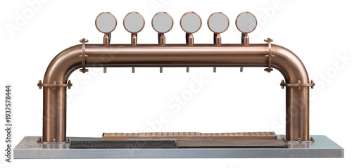 Copper rotary beer tap. Draft beer dispensing system for bar counter isolated. Png transparency