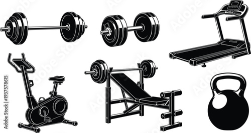 Set of Black Silhouette Vector Illustrations Featuring Gym Equipment Including Barbells Treadmill Exercise Bike and Kettlebell for Fitness Health and Workout Graphic Designs