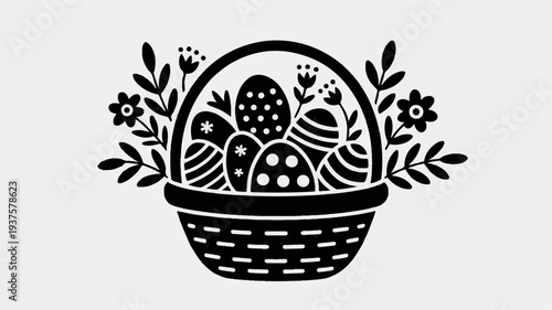 Easter eggs in a basket with flowers spring holiday decoration black and white icon