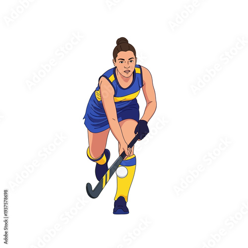 Illustration of a female field hockey player in blue and yellow uniform running with a hockey stick on a white background.