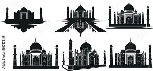 Set of Black Silhouette Vector Illustrations Featuring the Taj Mahal in Various Perspectives and Reflection Views for Indian Tourism and Landmark Travel Designs