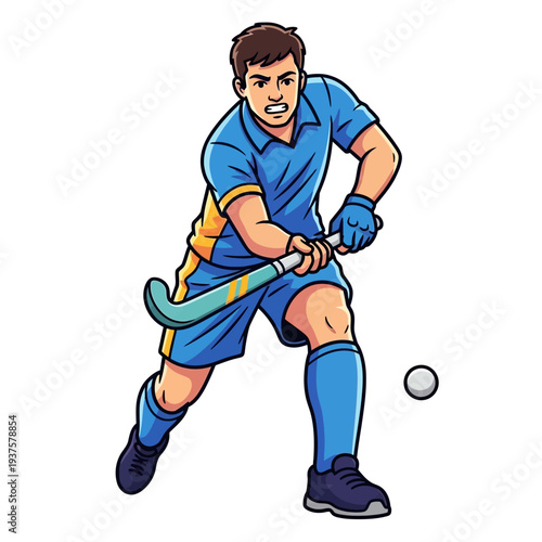 Illustration of a male field hockey player in blue uniform hitting a ball with a stick on a white background.