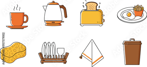 Set of kitchen and breakfast line icons featuring coffee cup electric kettle toaster breakfast plate sponge dish rack towel and trash bin for home cooking.