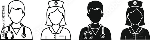 Set of male doctor and female nurse avatar icons in outline and solid silhouette styles with stethoscope and medical cap on white background