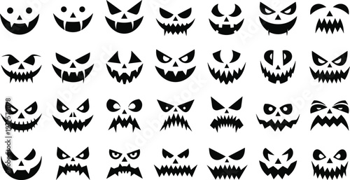 Spooky Halloween pumpkin face silhouette collection featuring scary jack o lantern expressions for autumn holiday party decor spooky stickers and seasonal vector graphic designs.