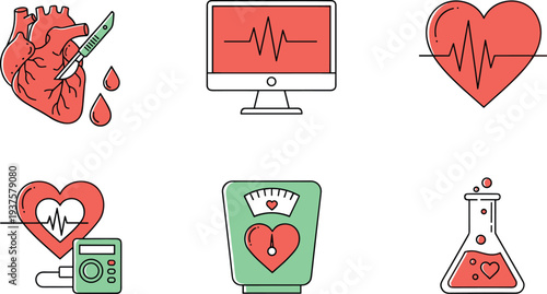 Set of medical icons featuring human heart surgery with scalpel, electrocardiogram monitor, blood pressure gauge, and laboratory flask for healthcare and cardiology presentations.