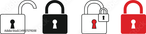 Set of Padlock Icons Representing Data Security and Privacy Protection with Open Closed and Double Locked Symbols in Black Red and Outline Vector Styles