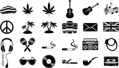 Set of reggae lifestyle icons featuring guitar musical notes bongos peace sign cannabis leaves and retro radio silhouettes isolated on white background for design