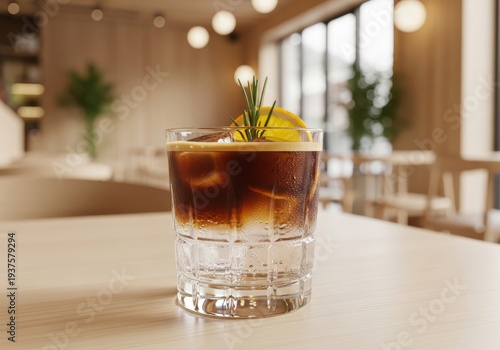 A Iced espresso tonic with citrus slice a summer beverage with ice and fruit on a white background