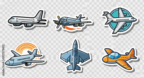 Cartoon Airplane Sticker Set with Passenger Planes, Jet Fighters, and Propeller Aircraft Illustrations