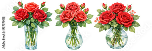 A charming watercolor collection of red roses in glass vases for romantic floral illustrations and wedding decor design.