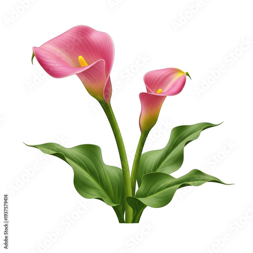 A vibrant bouquet of pink calla lilies with green stems and leaves