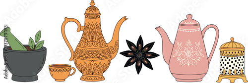 Arabic coffee set vector illustration with dallah teapot cup mortar and spices traditional Middle Eastern coffee culture elements isolated decorative design