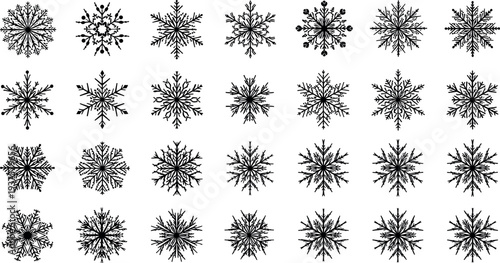 Collection of intricate snowflake silhouettes isolated on white background, detailed winter frost crystal shapes for Christmas decorations, seasonal patterns, and cold weather design