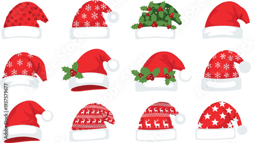 Collection of festive Santa Claus hats vector set with snowflakes holly berries stars and reindeer patterns isolated Christmas winter holiday design elements illustration
