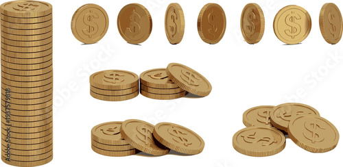 Gold dollar coin stack and scattered coins vector set showing different angles isolated financial currency illustration for banking investment savings and economy design