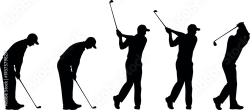Golf player silhouette set showing putting backswing and follow through poses isolated vector illustration of golfer action sequence for sport training design