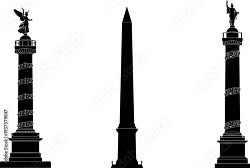 Historical monument column silhouettes including victory column and obelisk landmark statues isolated vector illustration of famous architecture memorial structures