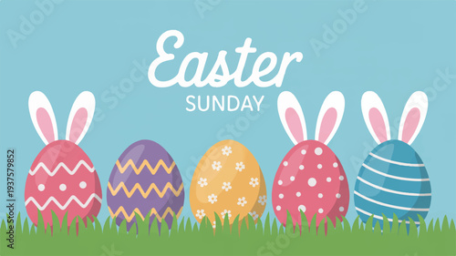 Colorful easter eggs with bunny ears on grass easter sunday celebration