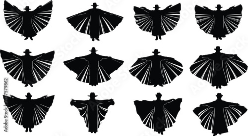 Set of Black Silhouette Vector Illustrations Featuring Twelve Mysterious Figures with Large Spreading Wings or Mantles for Fantasy Magic Gothic and Artistic Concept Designs