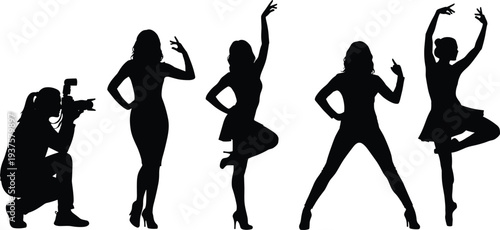 Set of black silhouettes featuring a professional photographer taking pictures of elegant female dancers and ballet performers in active poses isolated on white background