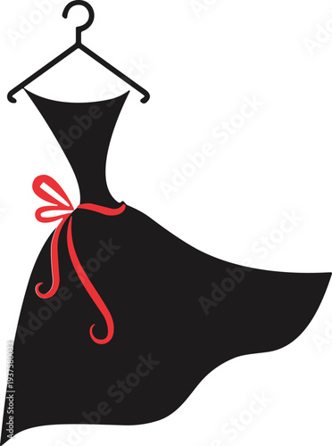 Black dress illustration, red ribbon bow, hanger fashion, fitted bodice, flared skirt, elegant clothing, stylish apparel, minimal design, retail icon, vector art