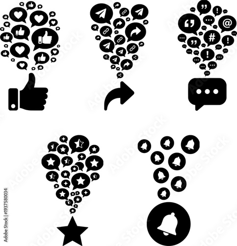 Social Media Reaction Icons Set with Flying Interaction Bubbles