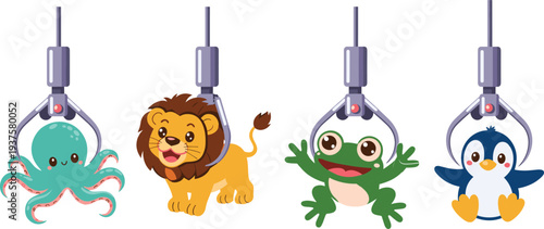 Set of Cute Cartoon Plush Animal Toys Including Octopus Lion Frog and Penguin Being Caught by Arcade Claw Machine Metal Hooks on White Background