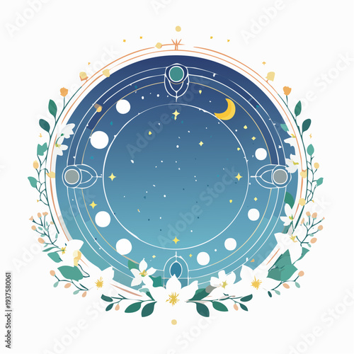 星座と月の満ち欠けの神秘的な円形飾り枠