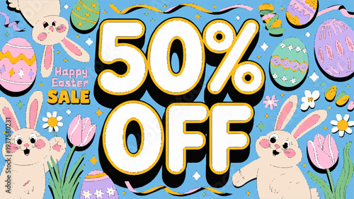 Easter sale banner with 50 off discount colorful eggs bunnies and flowers on blue background festive spring promotion