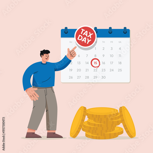Man Celebrating Tax Day with Coins and Calendar